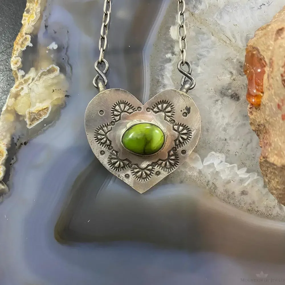 Marie Tsosie Sterling Silver Oval Sonora Gold Turquoise Stamped Heart Necklace - Picture 2 of 10